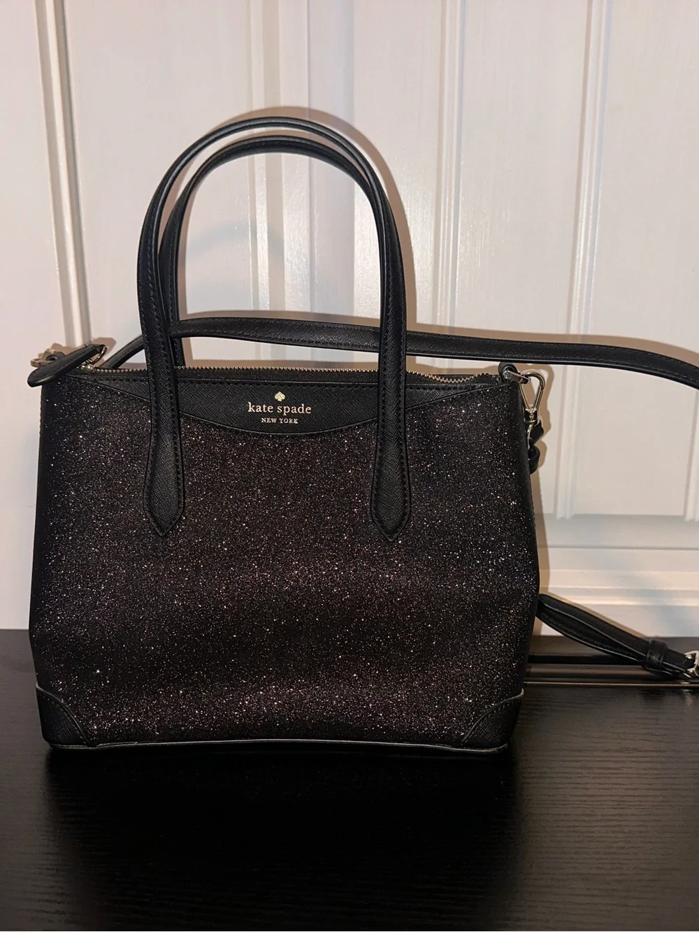 kate spade black glitter satchel with detachable strap